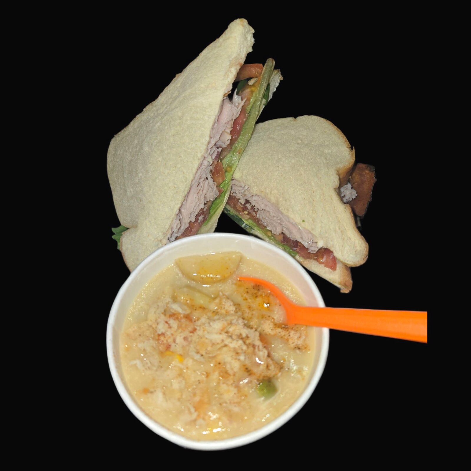Roast turkey sandwich with creamy chowder