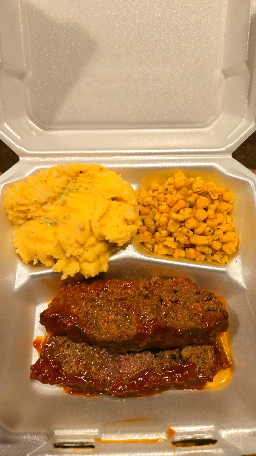 Glazed meatloaf with mashed potatoes and corn