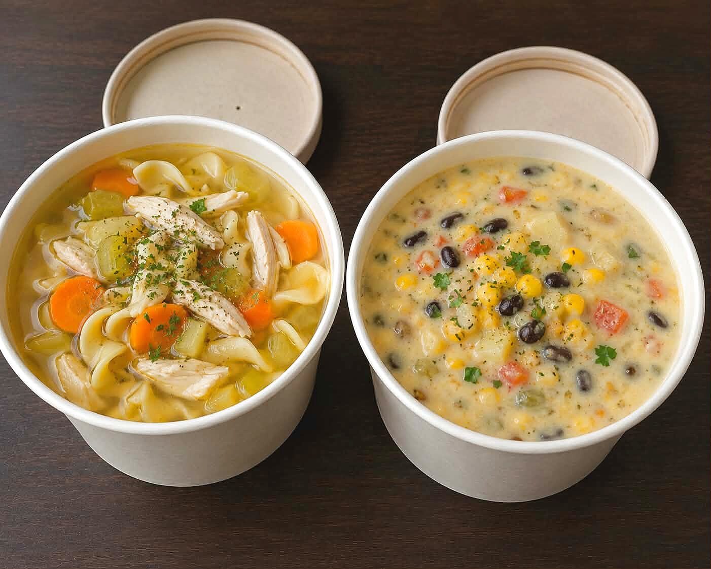 Chicken noodle and corn chowder soups