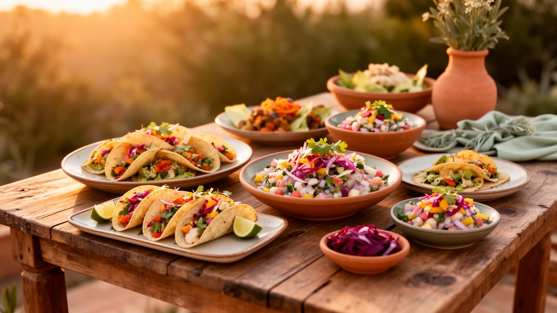 Catered Latin-inspired dishes at golden hour